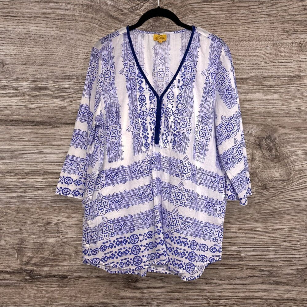 Roberta Roller Rabbit Blue White Printed Cotton Tunic Top Boho Resort Wear XL